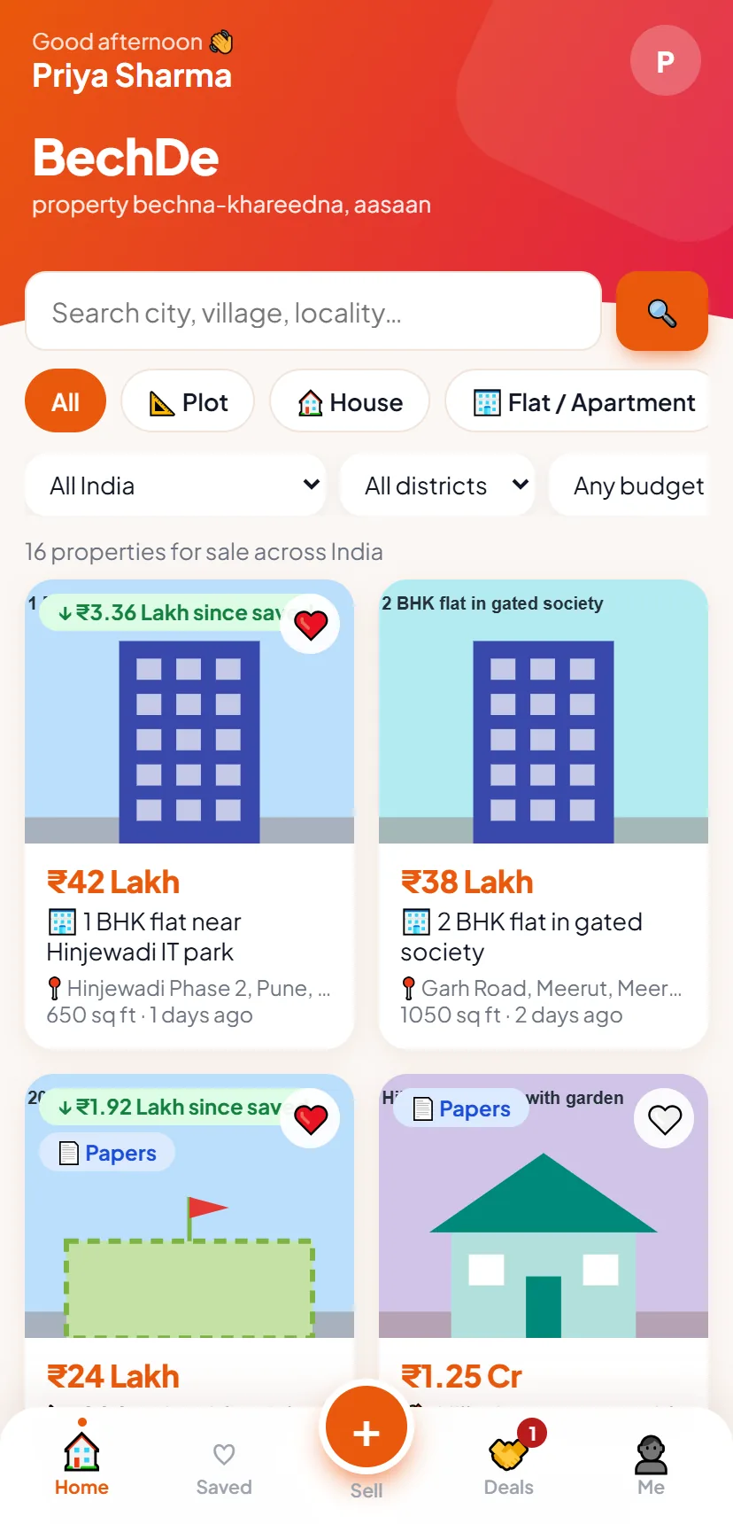 BechDe app: property listings with prices and price-drop alerts
