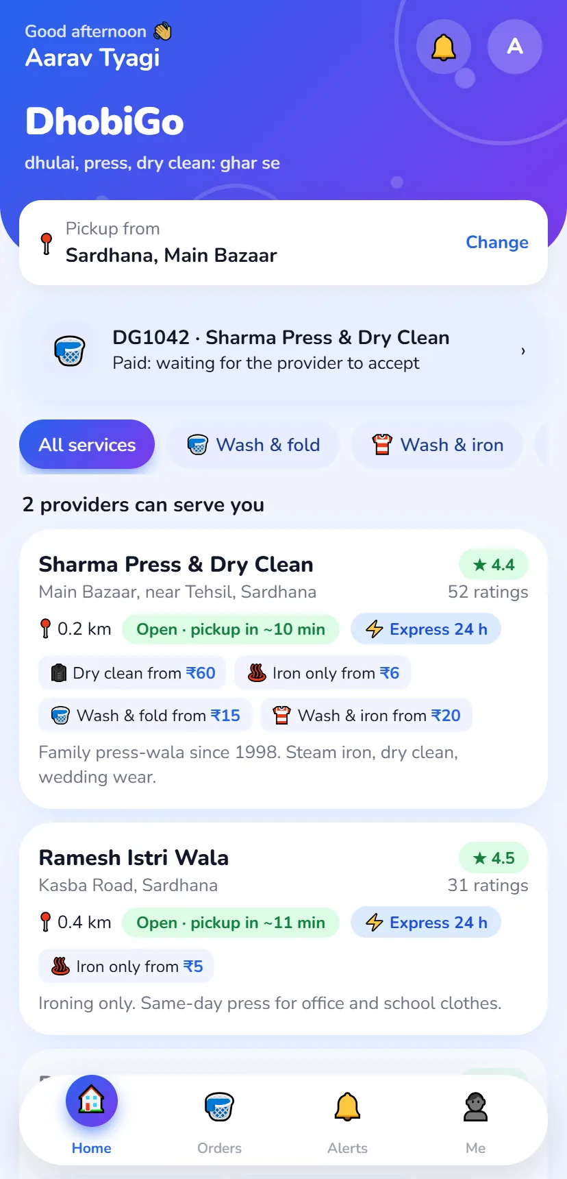 DhobiGo app: nearby service providers with prices, ratings and pickup times